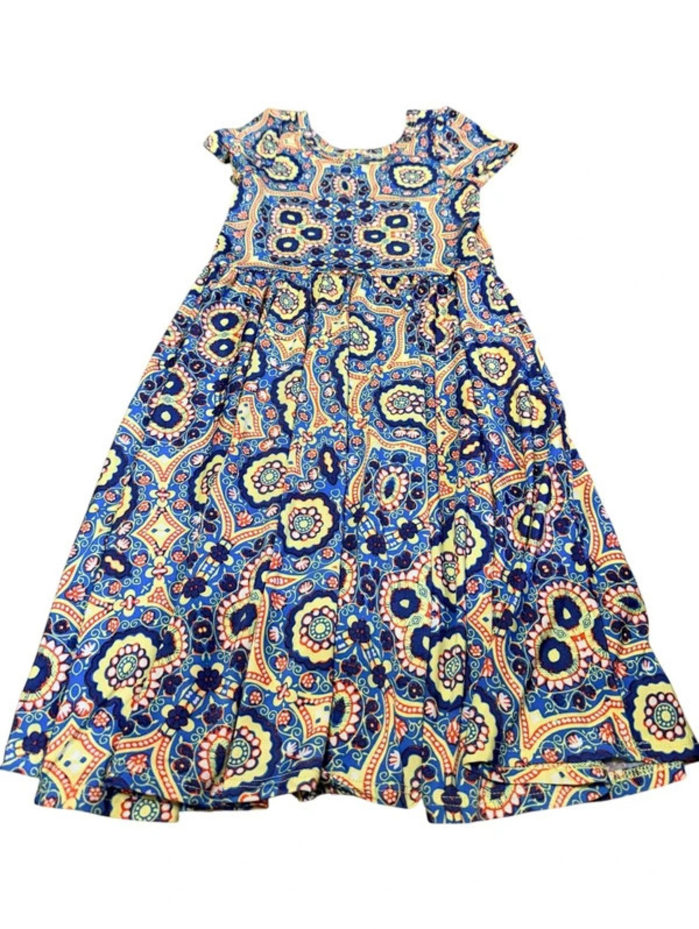 LuLaRoe Girls Size 7 Blue Paisley Floral Print Fit Flare Dress